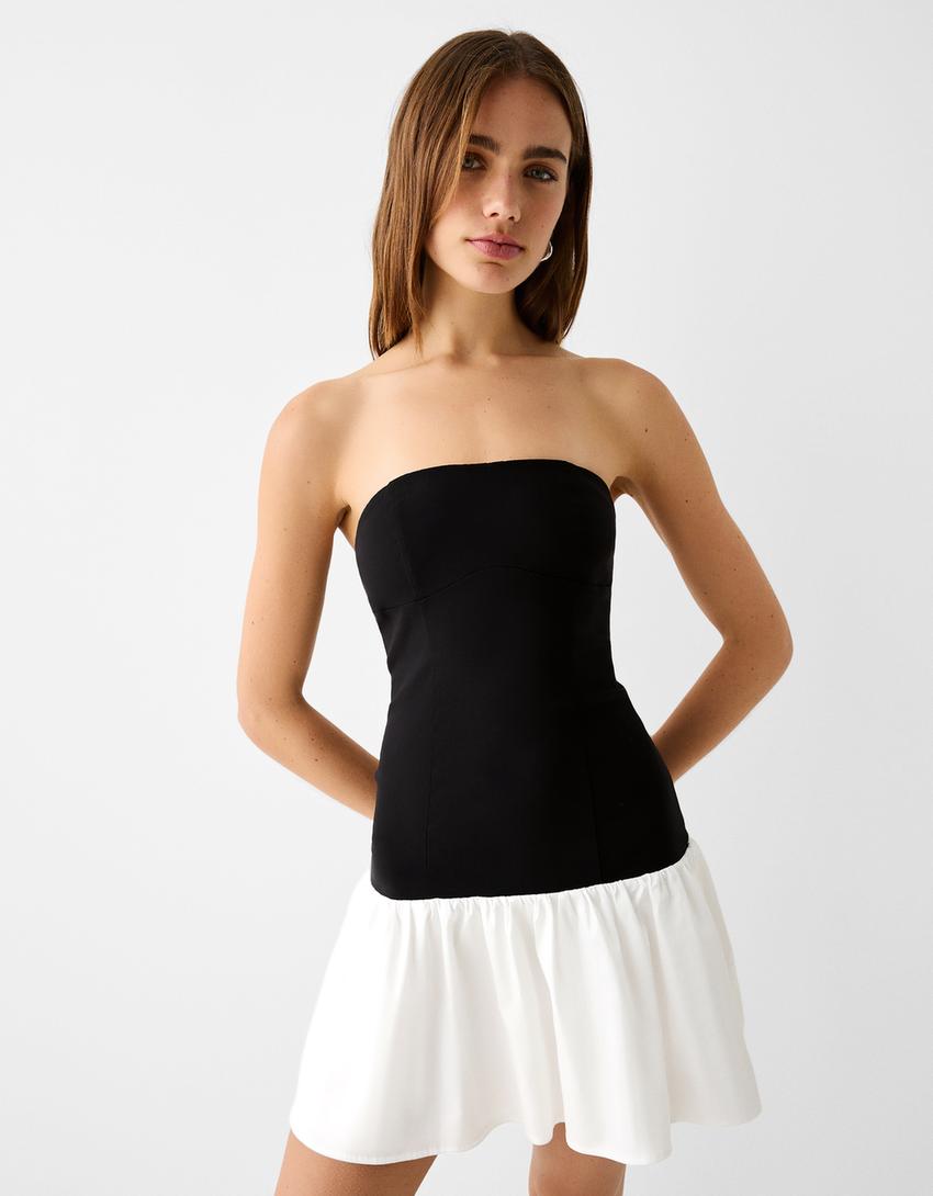 فستان قصير بأكمام بالون وفتحة صدر قطع-أبيض / أسود-2