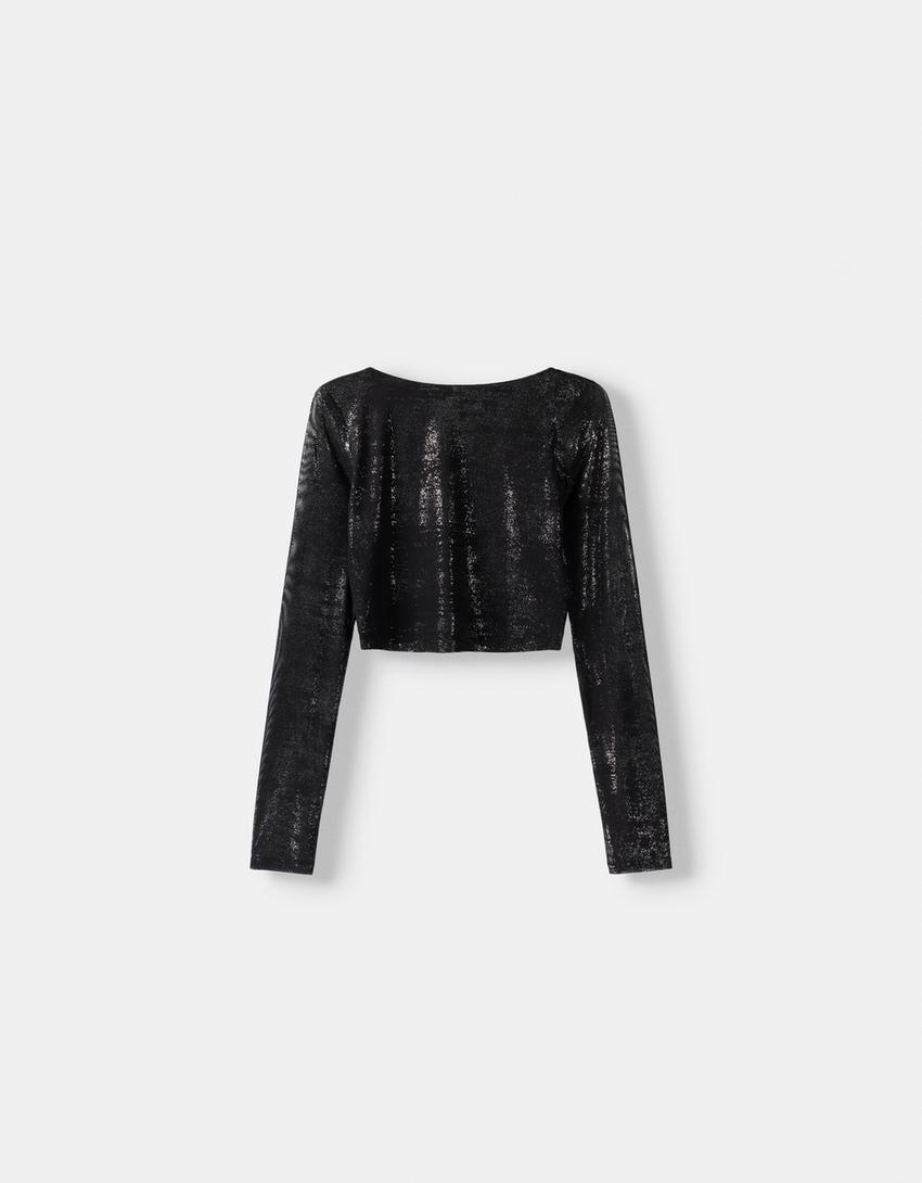 تيشرت ممعدن وأكمام طويلة وفتحة في الخلف-أسود-4