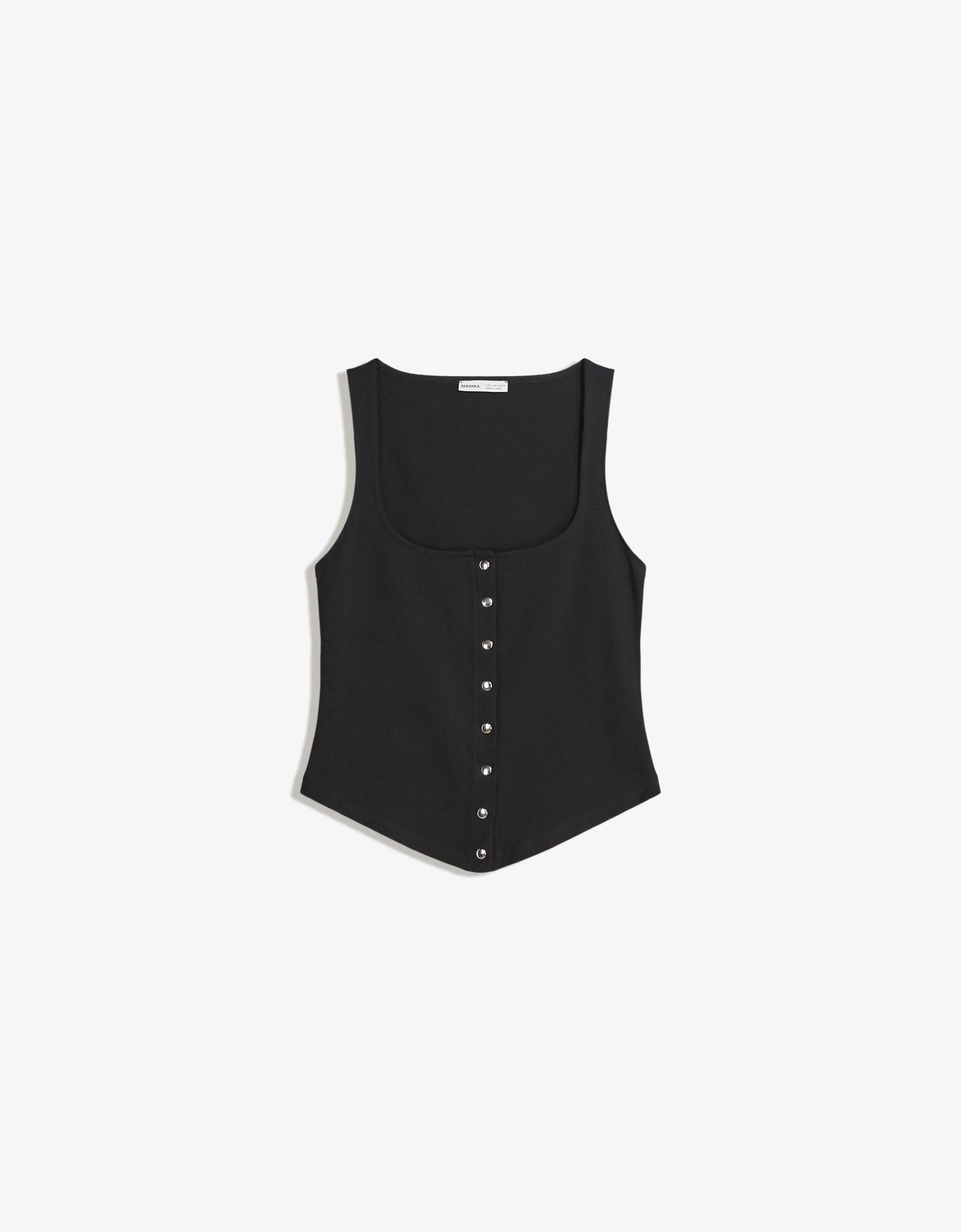 Bershka Top Escote Cuadrado Corchetes Mujer Xs Negro