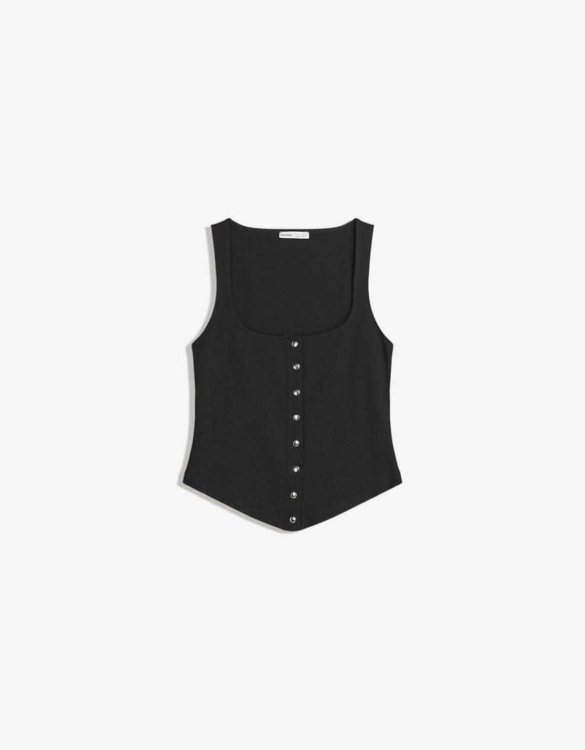 Top col carré crochets-Noir