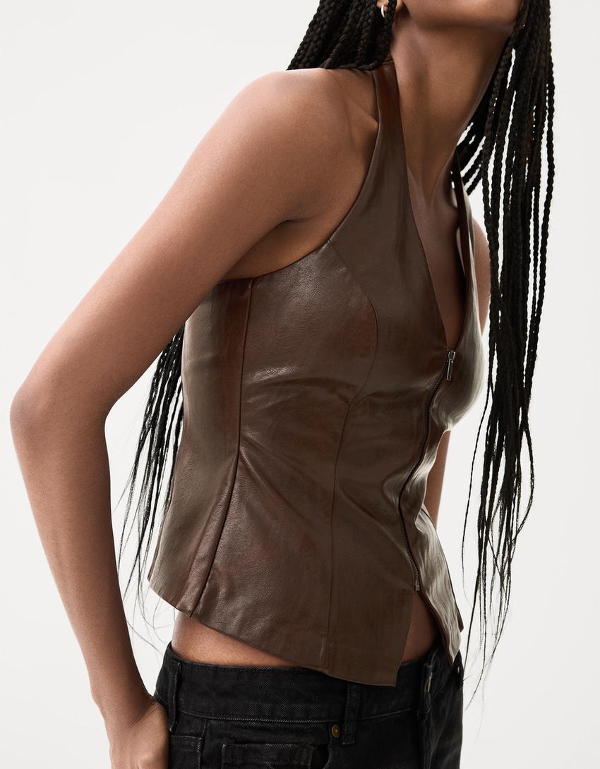Leather effect halter top with zip-Brown-1