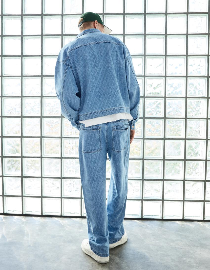 Camicia in denim con texture a quadri-Azzurro Chiaro