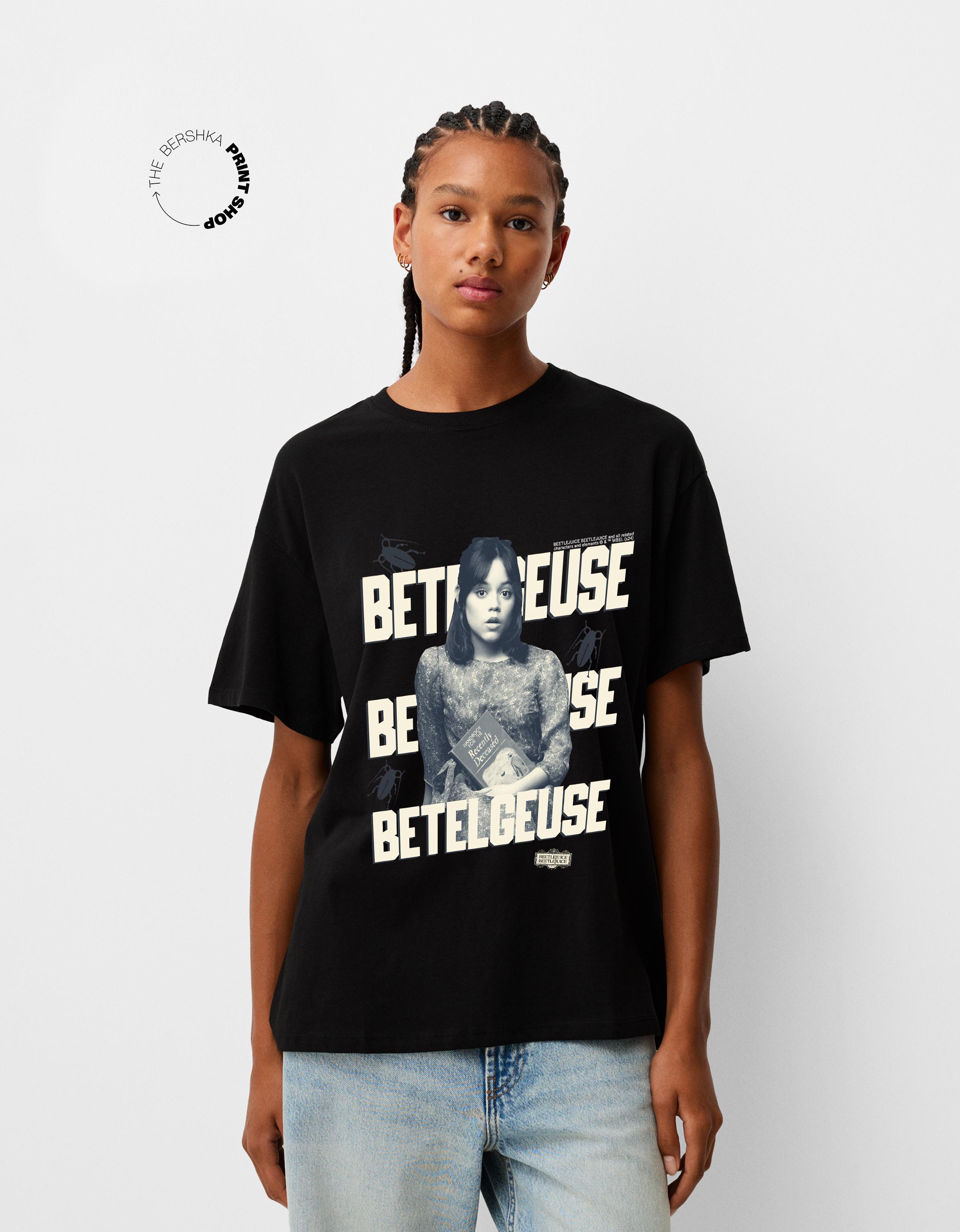 Bershka Oversize-T-Shirt Beershka X Beetlejuice Mit Kurzen Ärmeln Damen L Schwarz