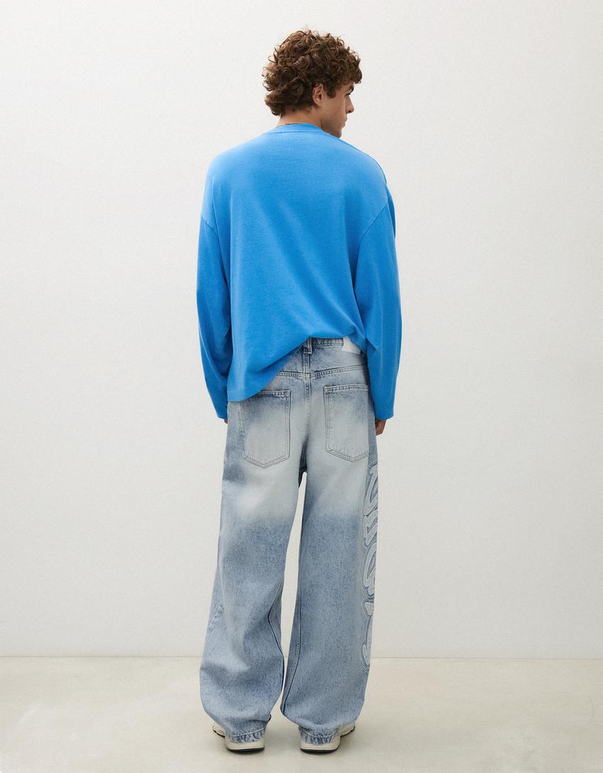Super Baggy Jeans mit seitlichen Patches-Ausgewaschenes Blau