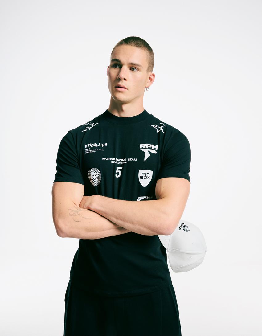 T-shirt manches courtes slim imprimé-Noir-3