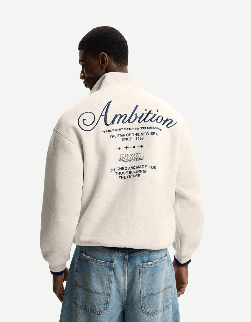 Baskılı fermuarlı sweatshirt-Gri-1