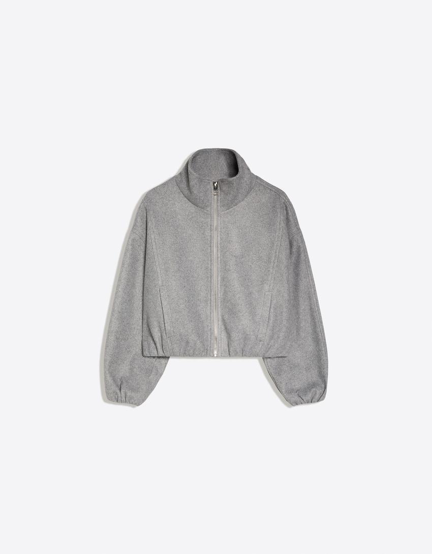 Wolljacke mit gerafftem Saum-Grau