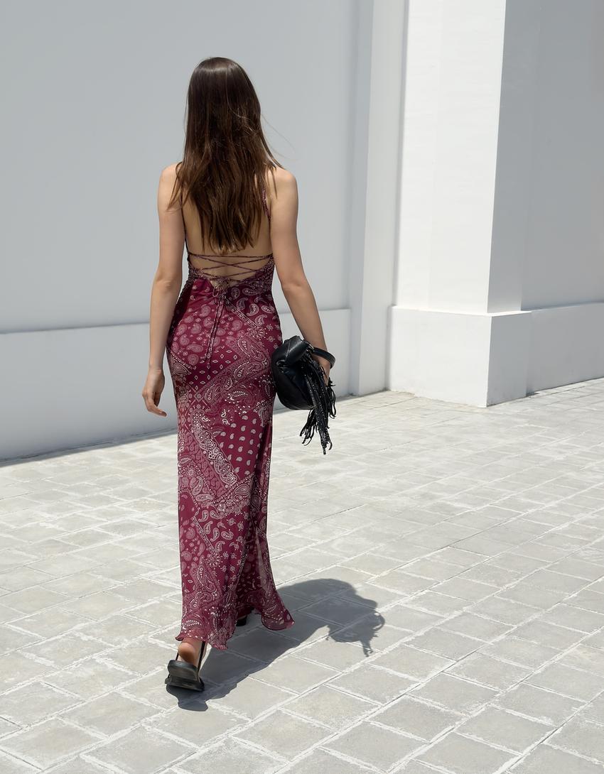 Printed tulle midi dress-Burgundy