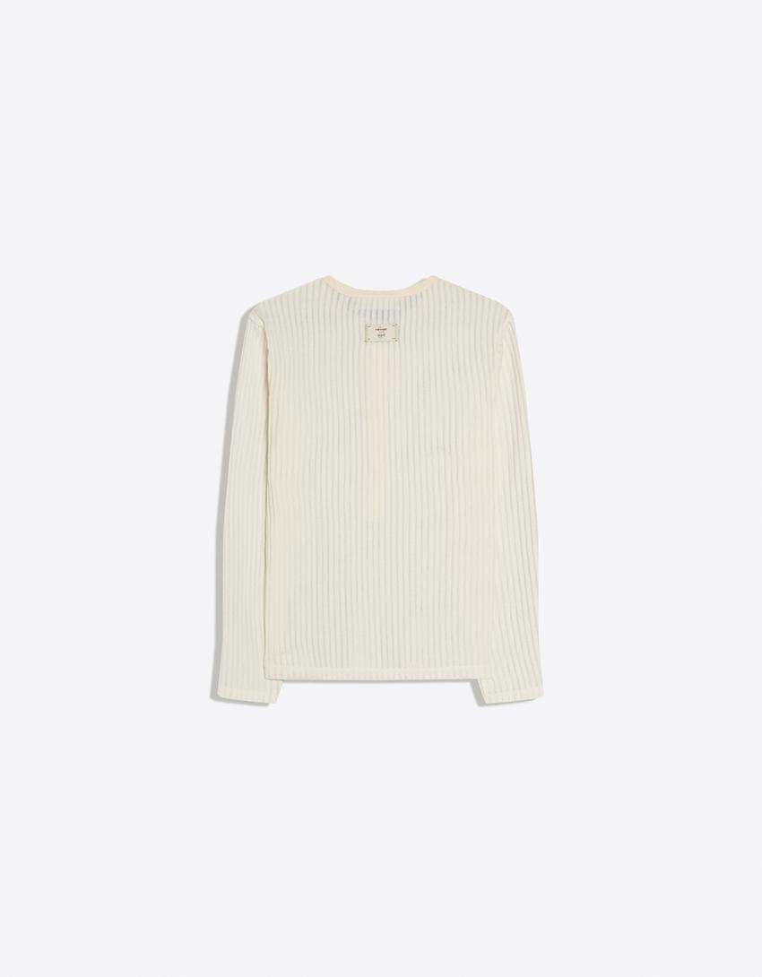 تيشرت بياقة هينلي وأكمام طويلة-كريمي