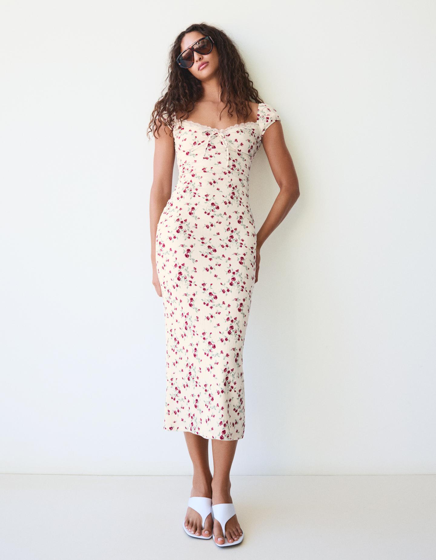 Bershka Vestido Midi Bambula Encaje Mujer M Crudo