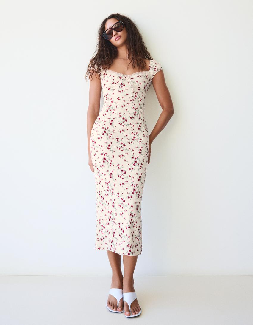 Lace crinkle midi dress - Women | Bershka Lace crinkle midi dress - Women | Bershka