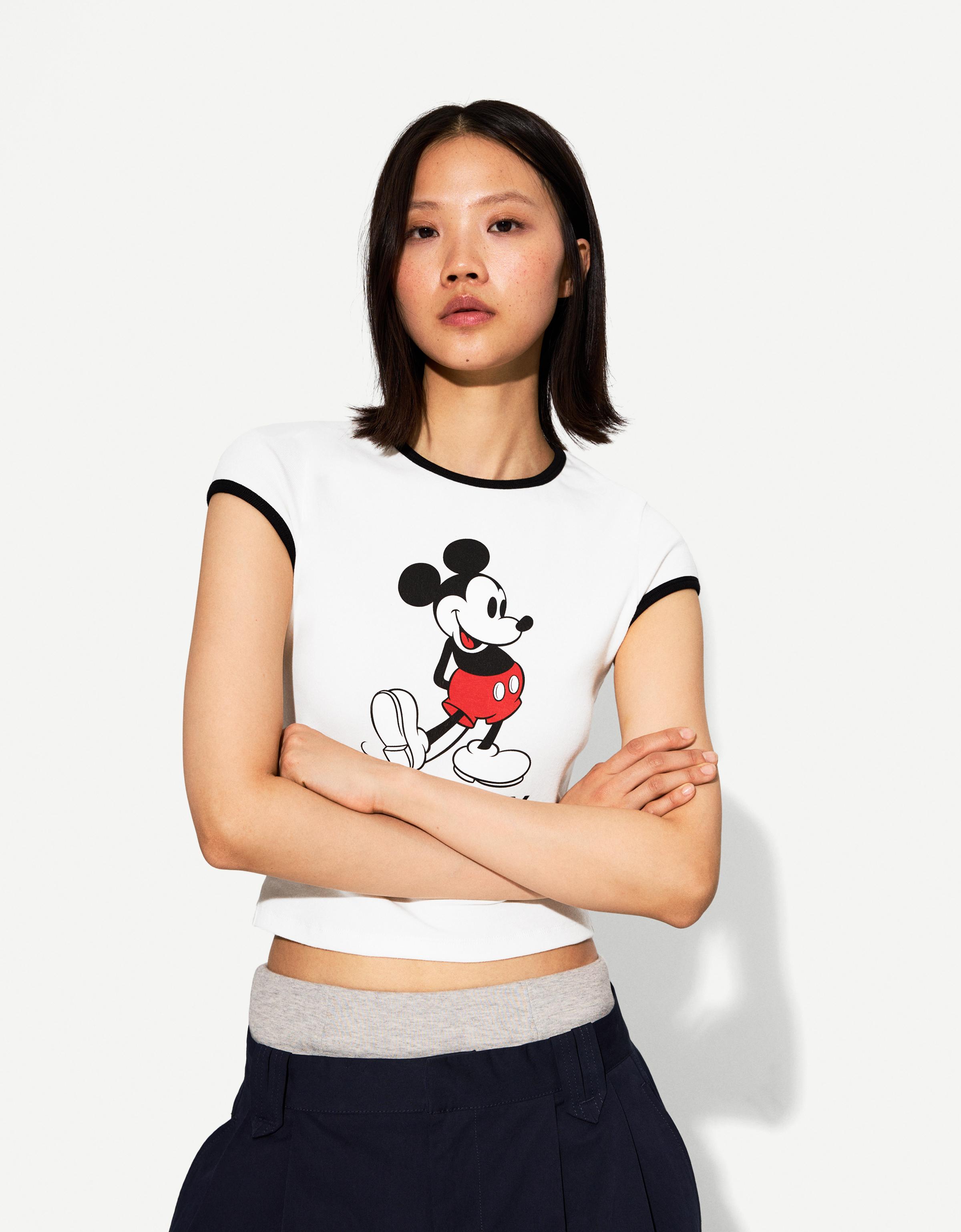 Bershka Mickey-Shirt Mit Kurzen Ärmeln Damen S Weiss