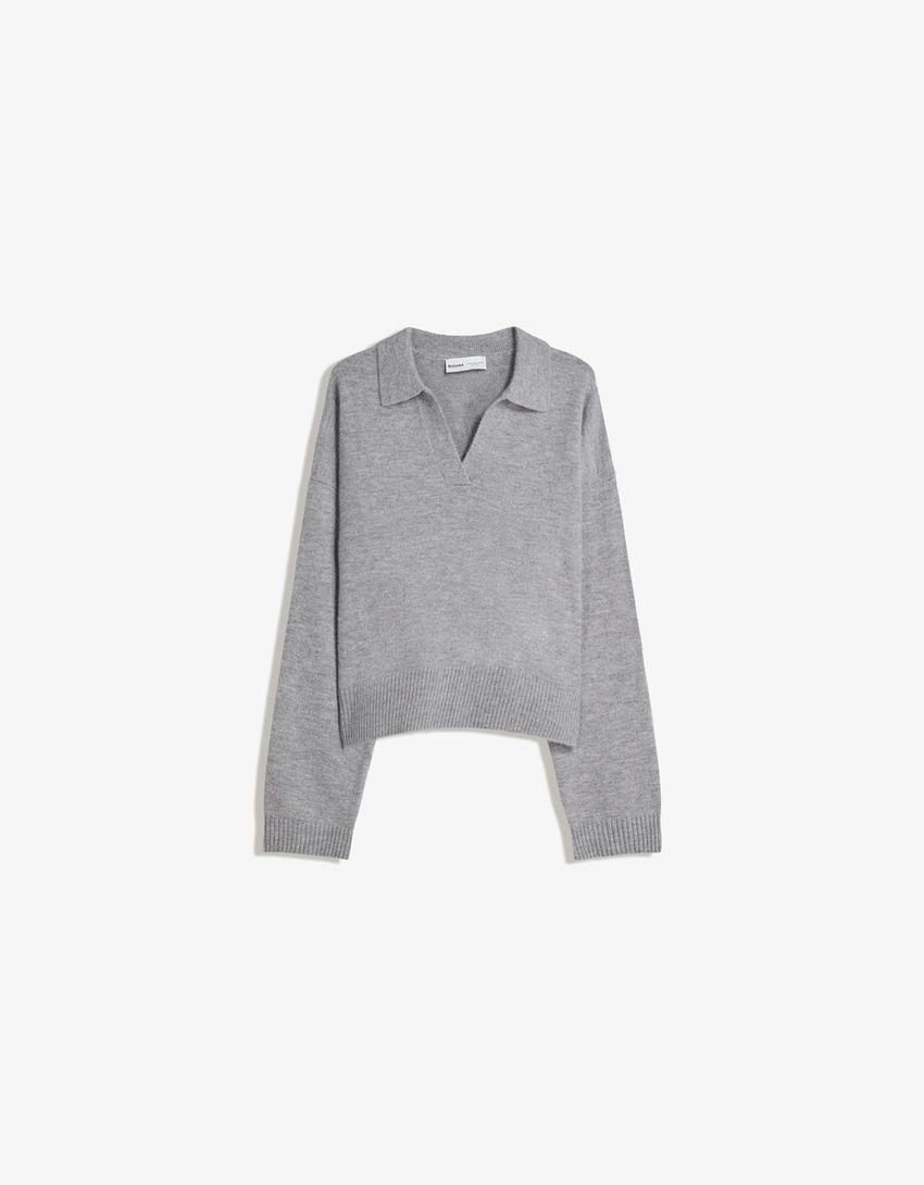 Polo collar sweater-Grey-0