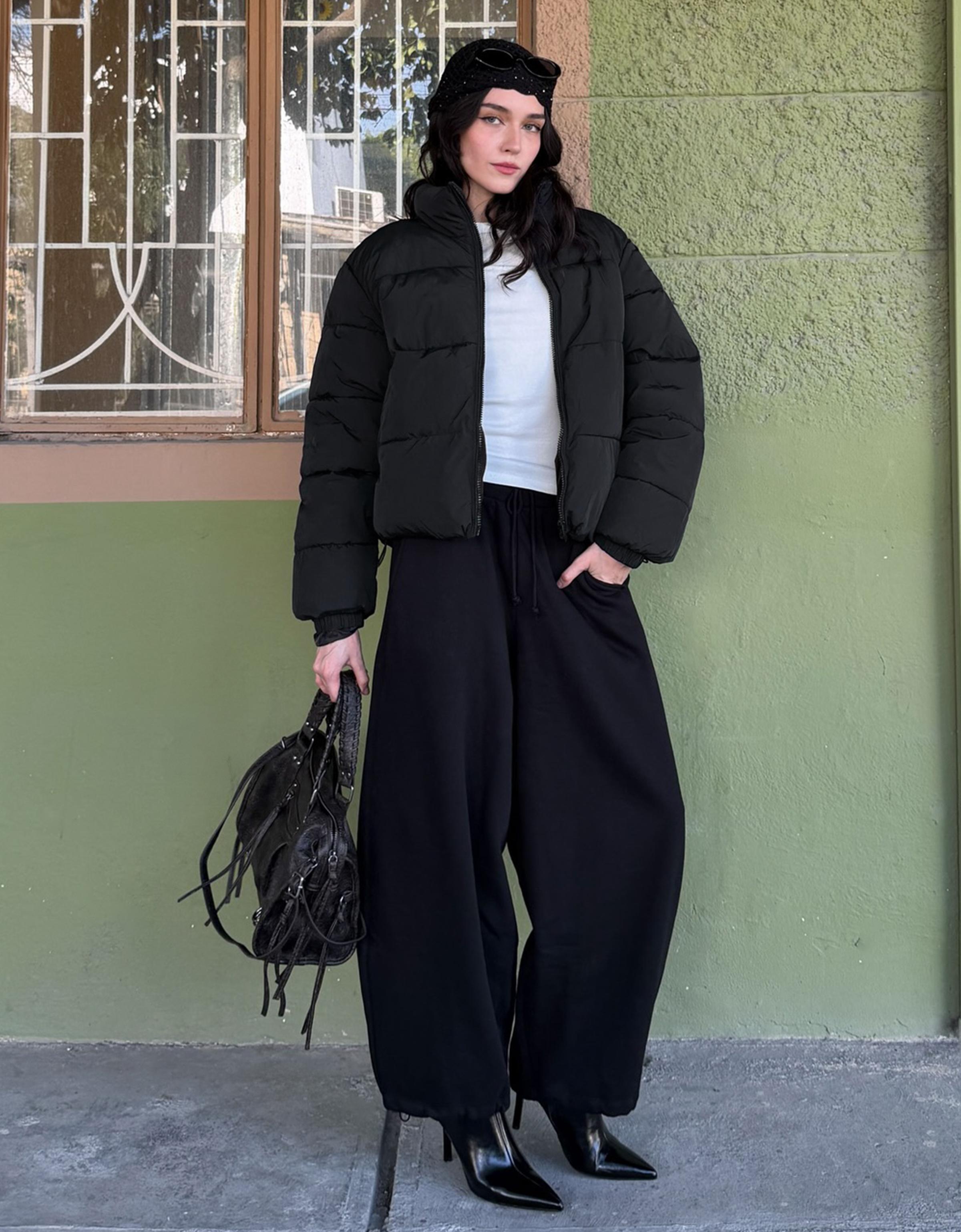 Padded funnel neck jacket — Black