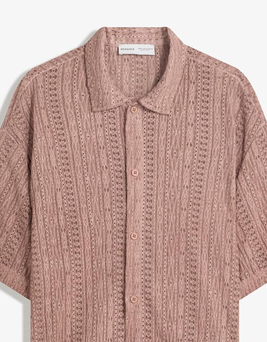 Open knit short sleeve shirt-Pink