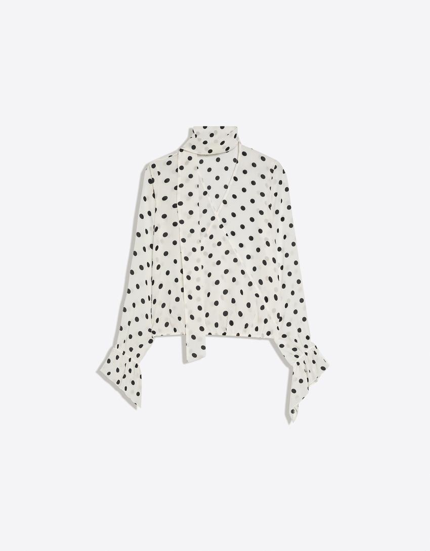 Bluza dugih rukava na preklop s maramom-Bijela