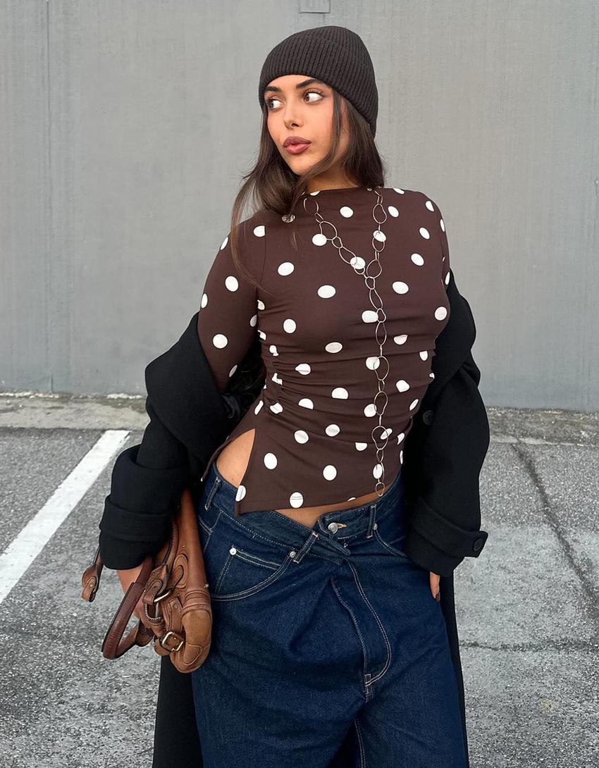 Asimetrična majica dugih rukava-Smeđa