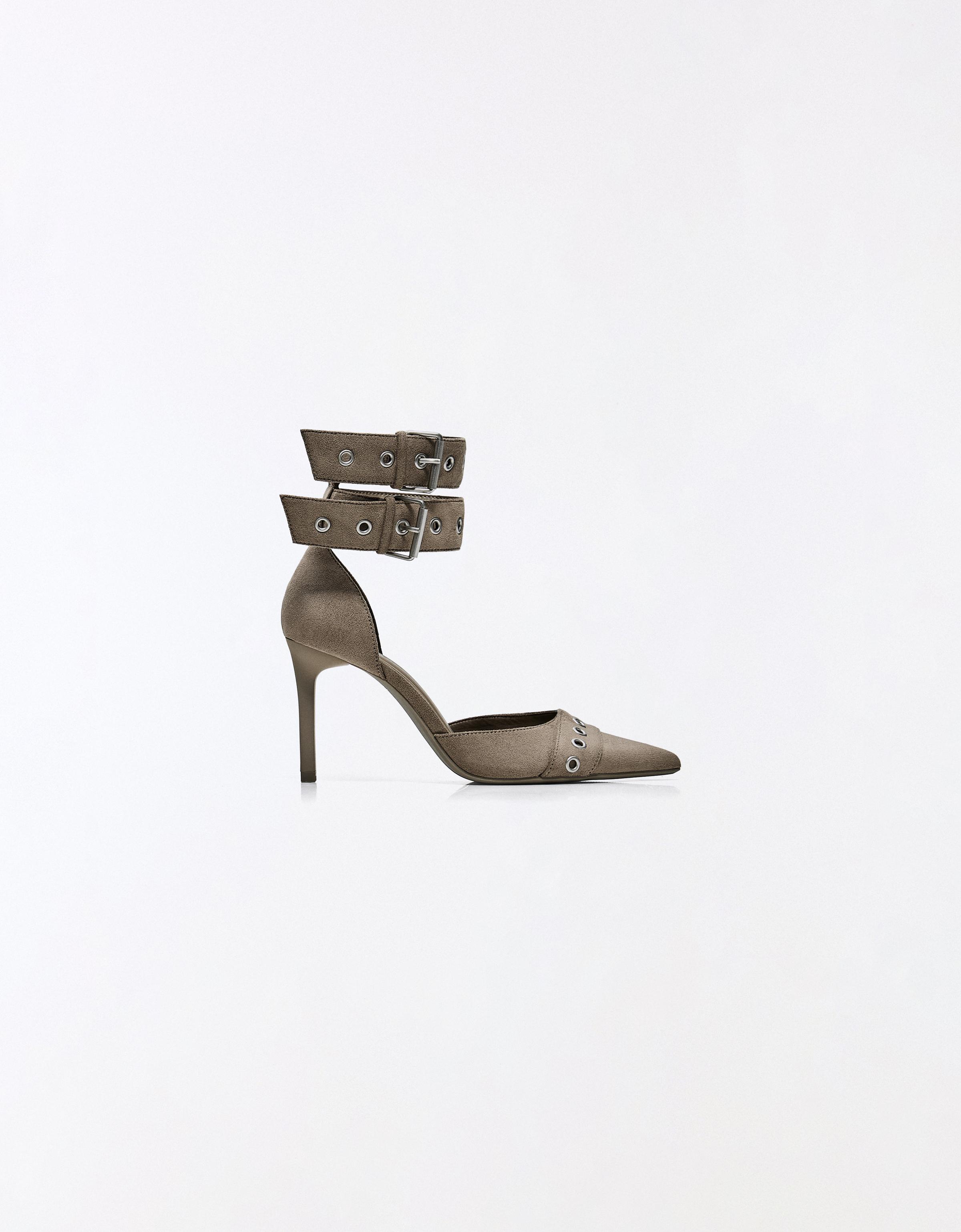 MULTI-BUCKLE ANKLE STRAP HEELS — SAND