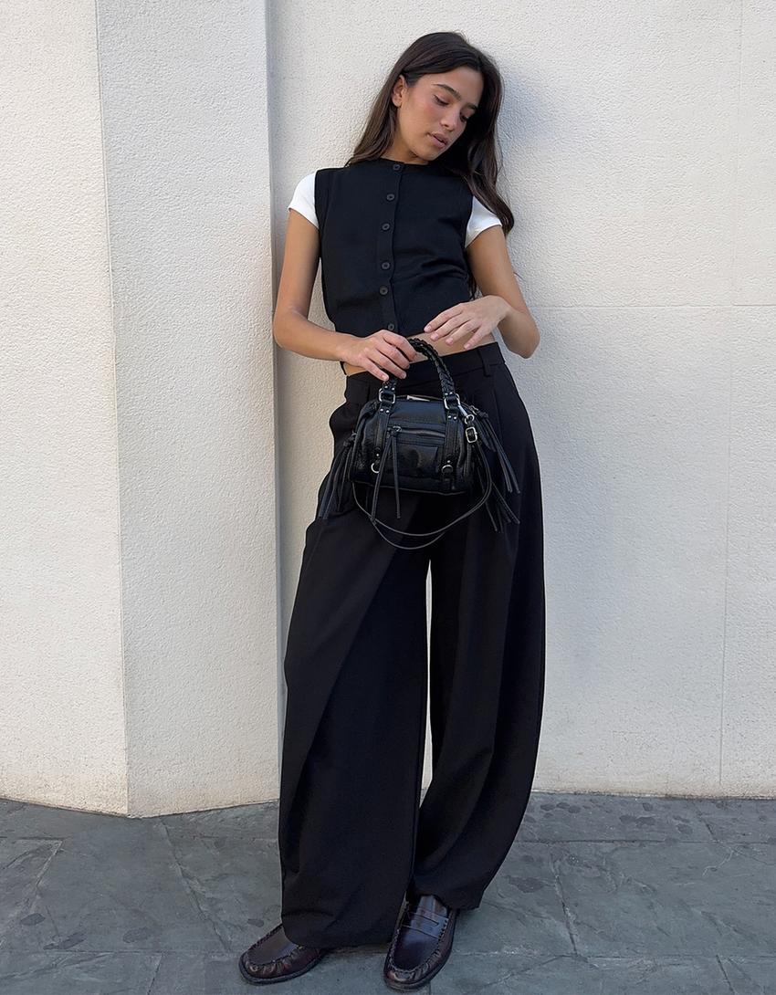 Tailored fit trousers with crossover waist-Black