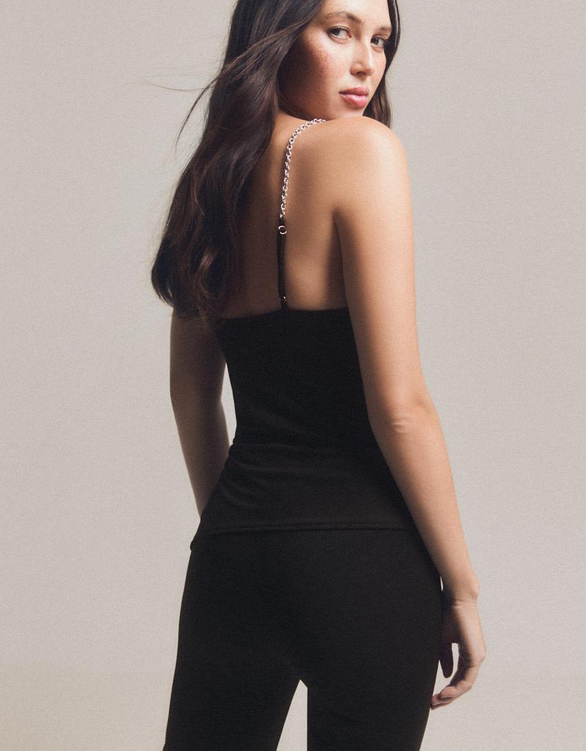 Draped top with chain straps-Black