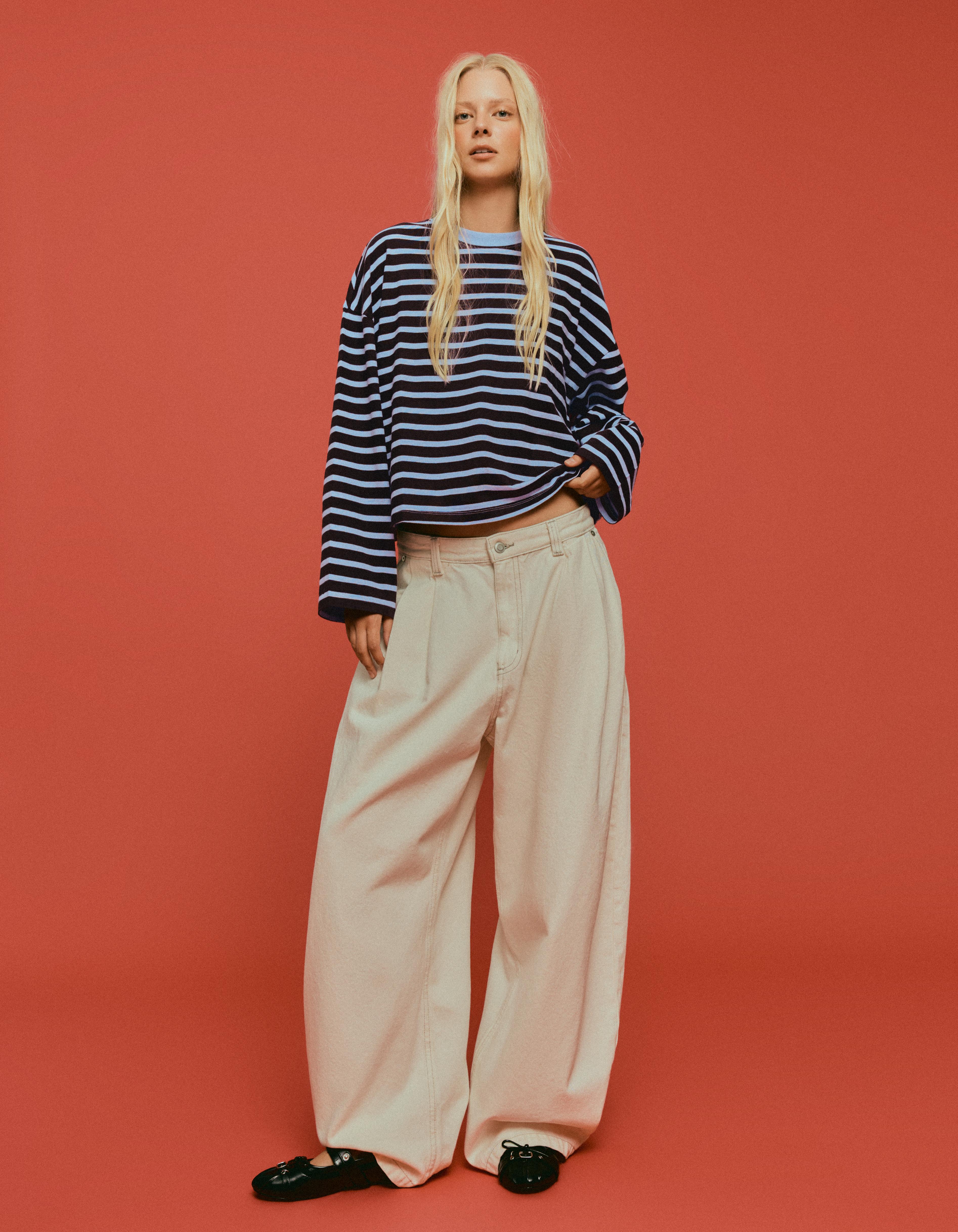 Striped boxy long sleeve T-shirt — Brown