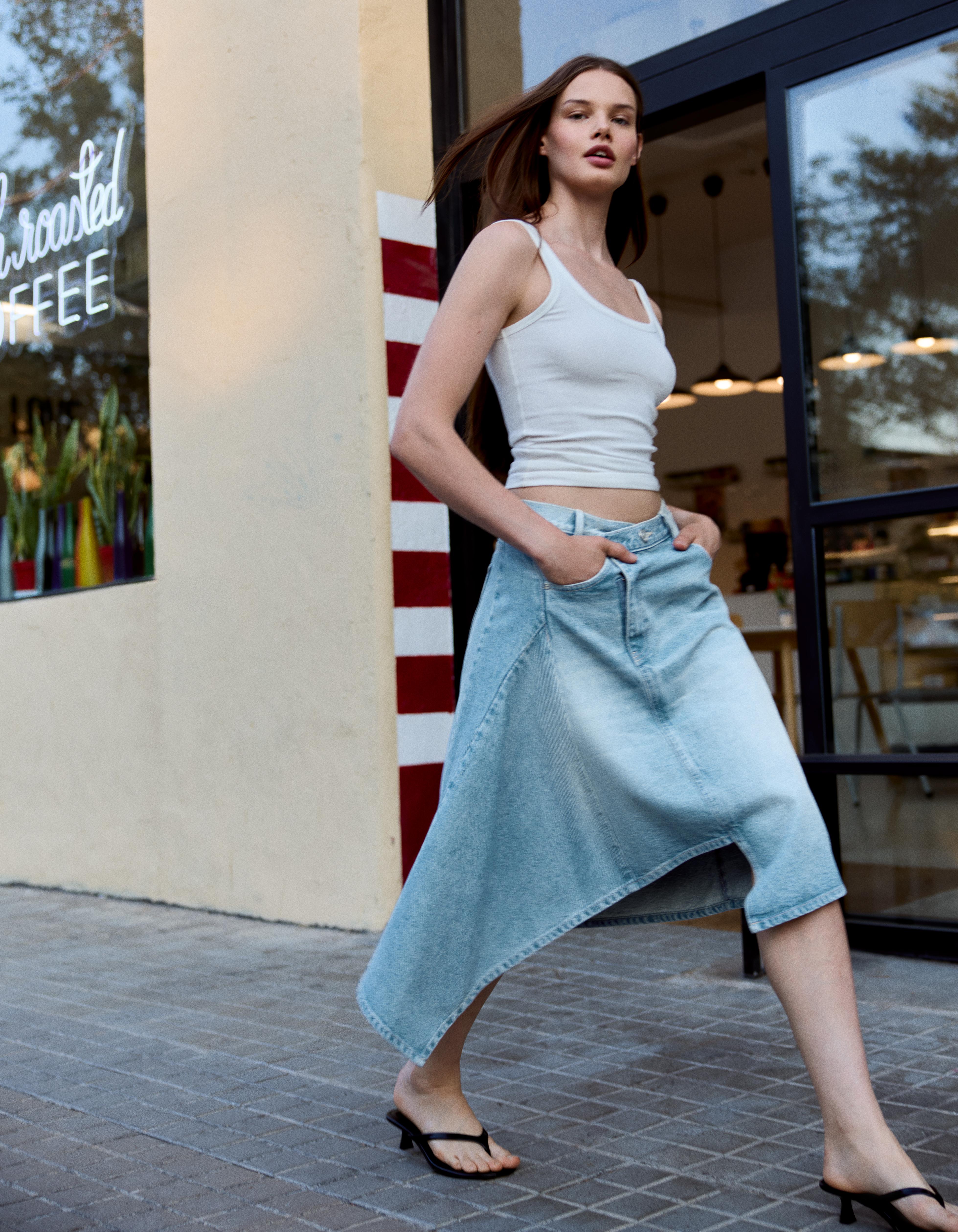 Asymmetric denim midi skirt — Light blue