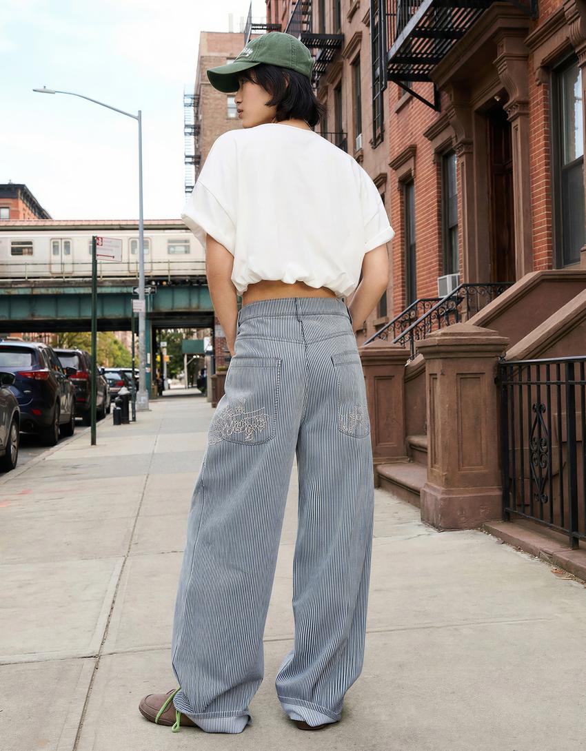 Striped super wide-leg low-rise jeans-Blue