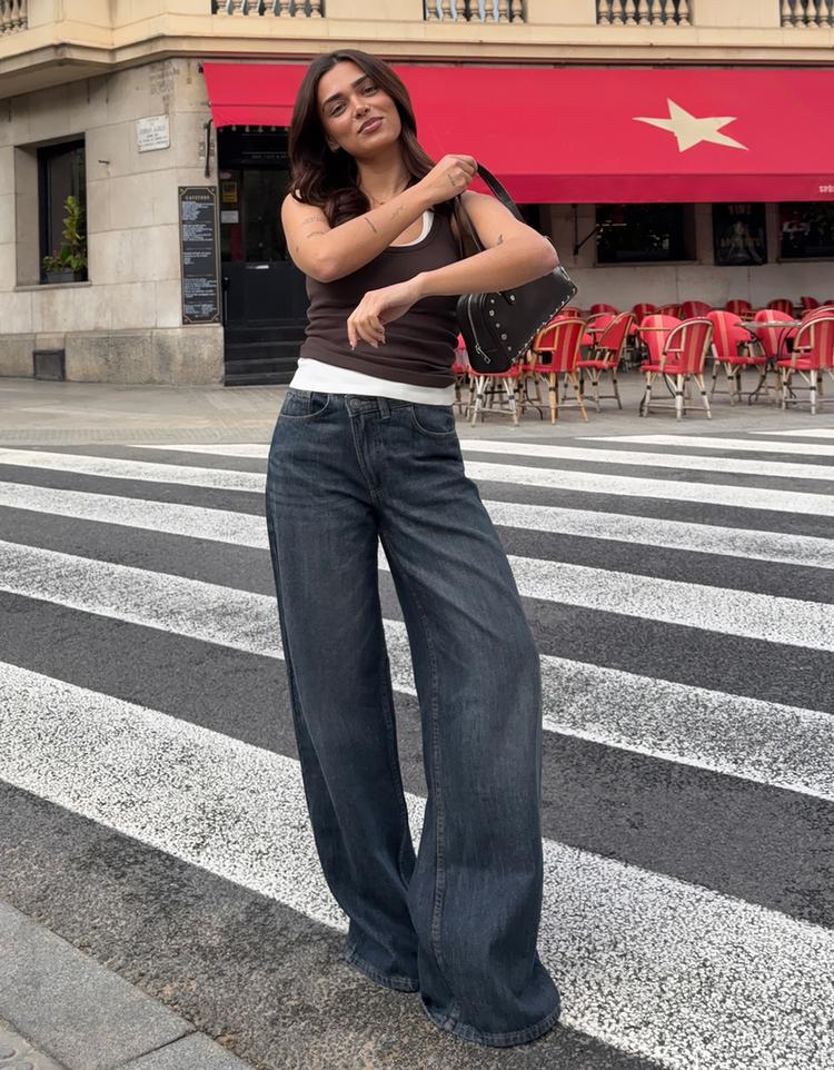 Çapraz belli yüksek bel geniş paça jean