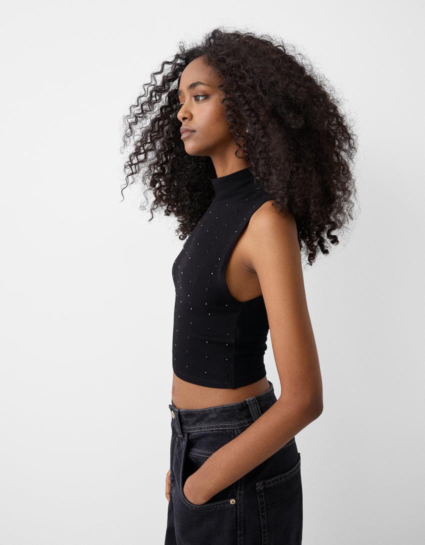 تيشرت بدون أكمام بأحجار الراين-رمادي-2