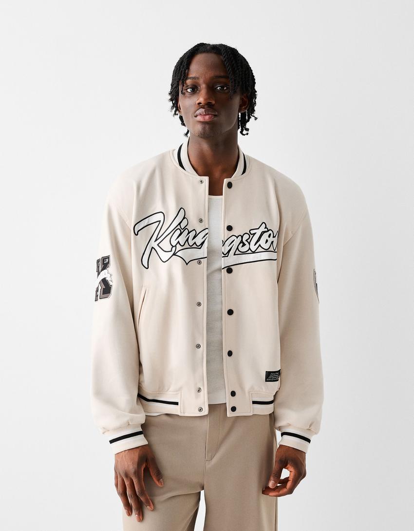 Faux suede embroidered bomber jacket-Off white-0