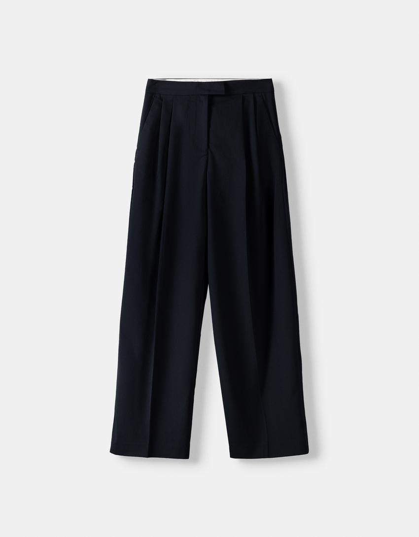 بنطال بقصّة مريحة وثنيات مزدوجة-كحلي-5