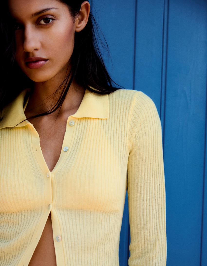 Chaqueta punto fino cuello polo-Amarillo