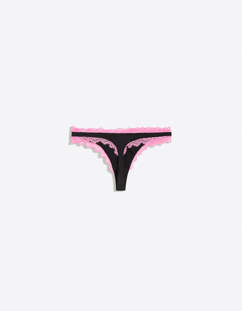 Contrast lace thong-Black