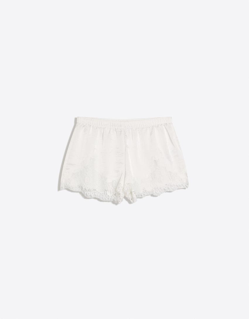 Lace sateen shorts-White