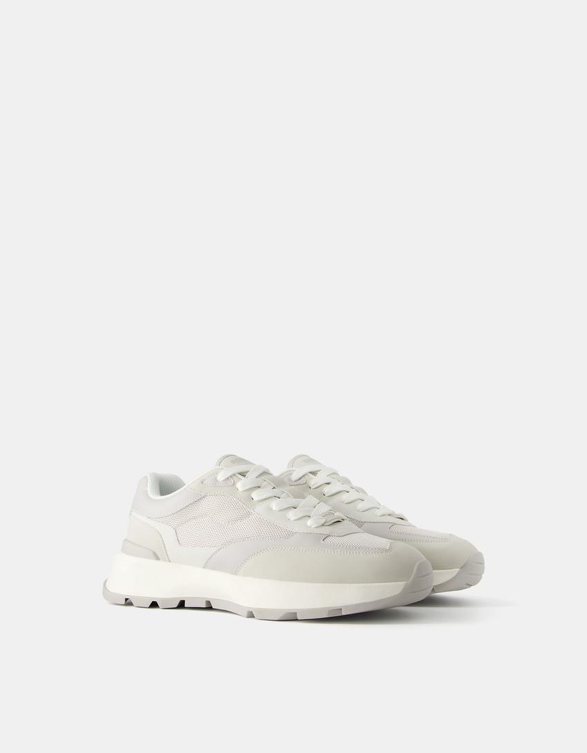 حذاء رياضي للرجال من نسيج شبكي بلون متباين-أبيض-1