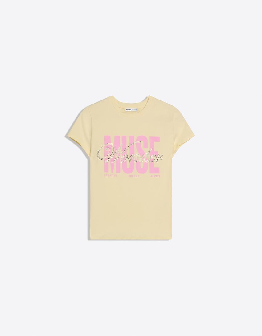 Tricou mânecă scurtă strasuri-Galben