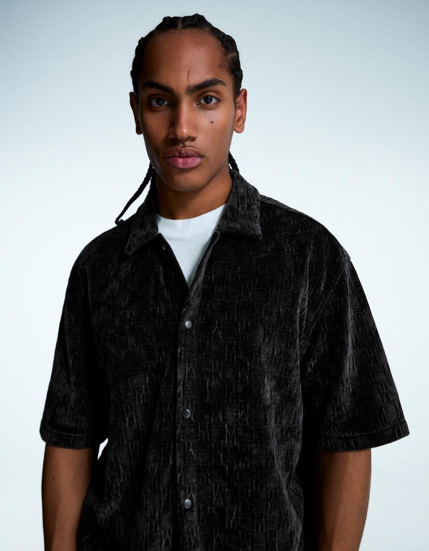 Camisa manga corta jacquard-Negro