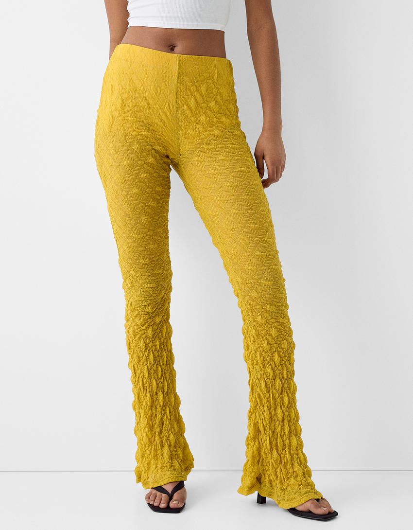 Calças flare jacquard efeito de waffle-Verde limão-1