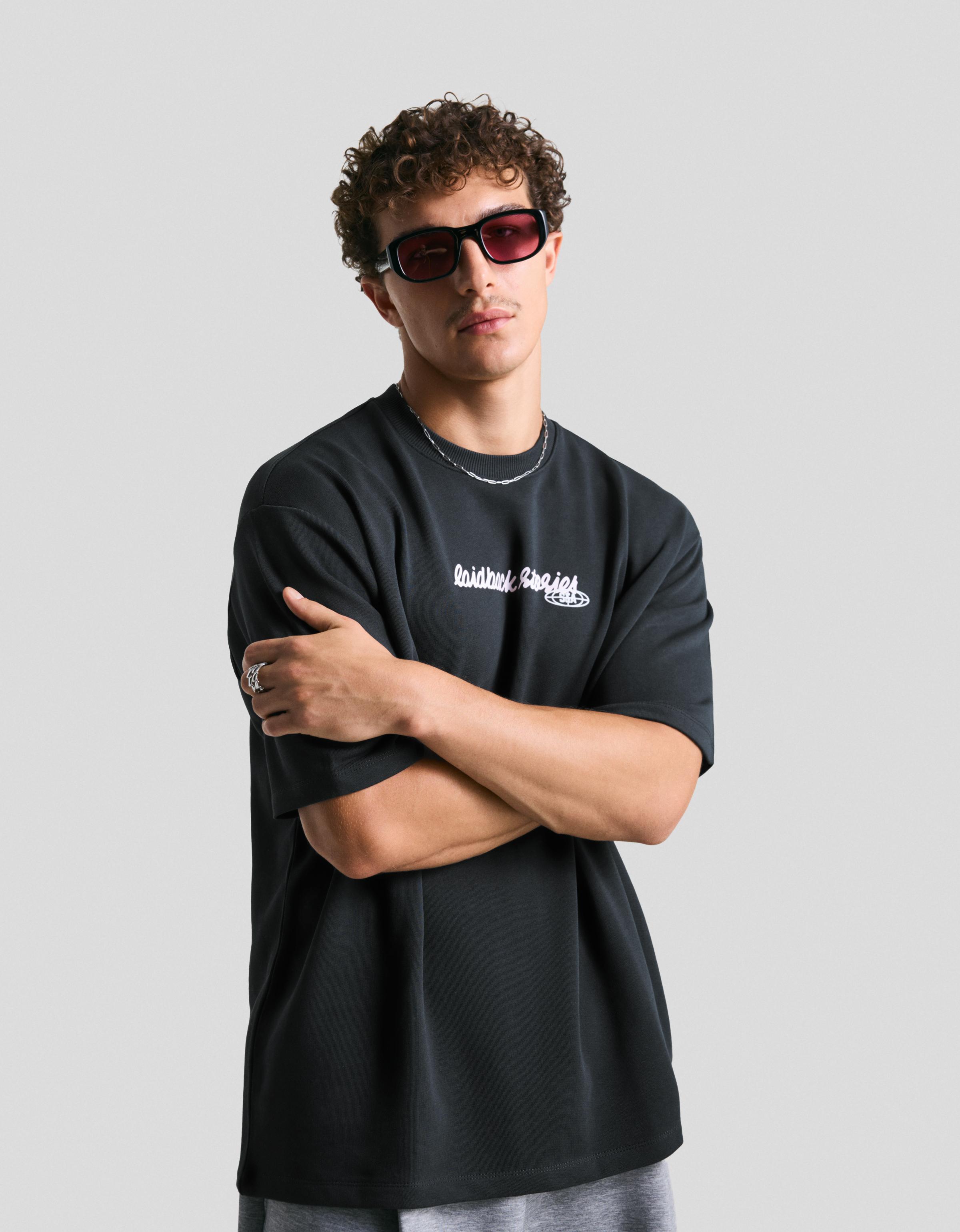 Bershka Frottee-T-Shirt Mit Kurzen Ärmeln Und Print Herren Xl Grau