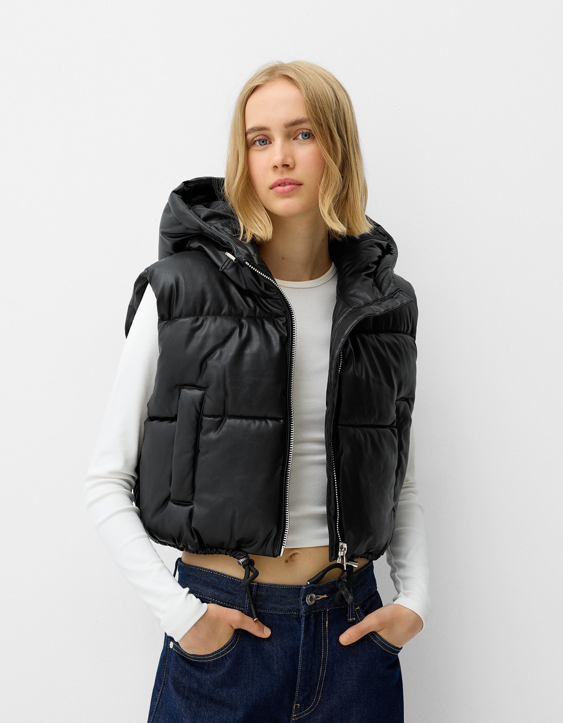 Efecto Piel Chaleco Largo Mujer Bershka Efecto Piel Chaquetas