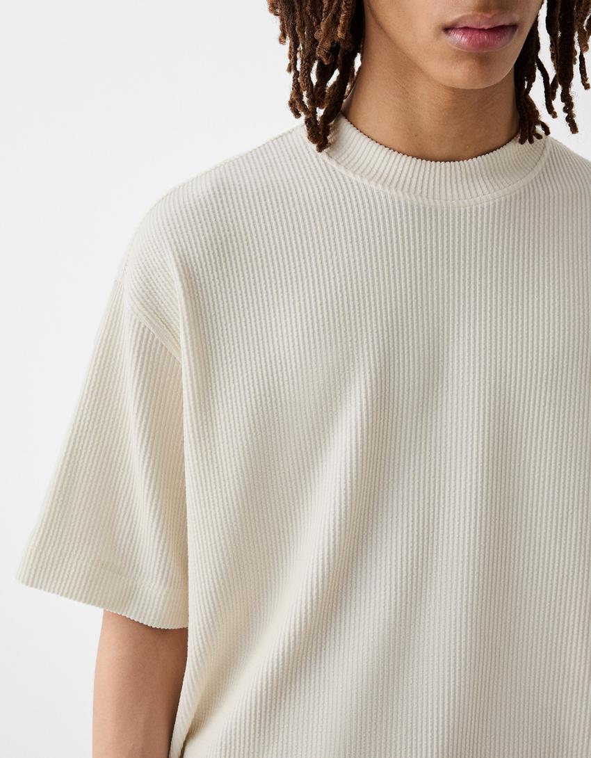 Структурирана фланелка с къс ръкав-Мръснобяло-5