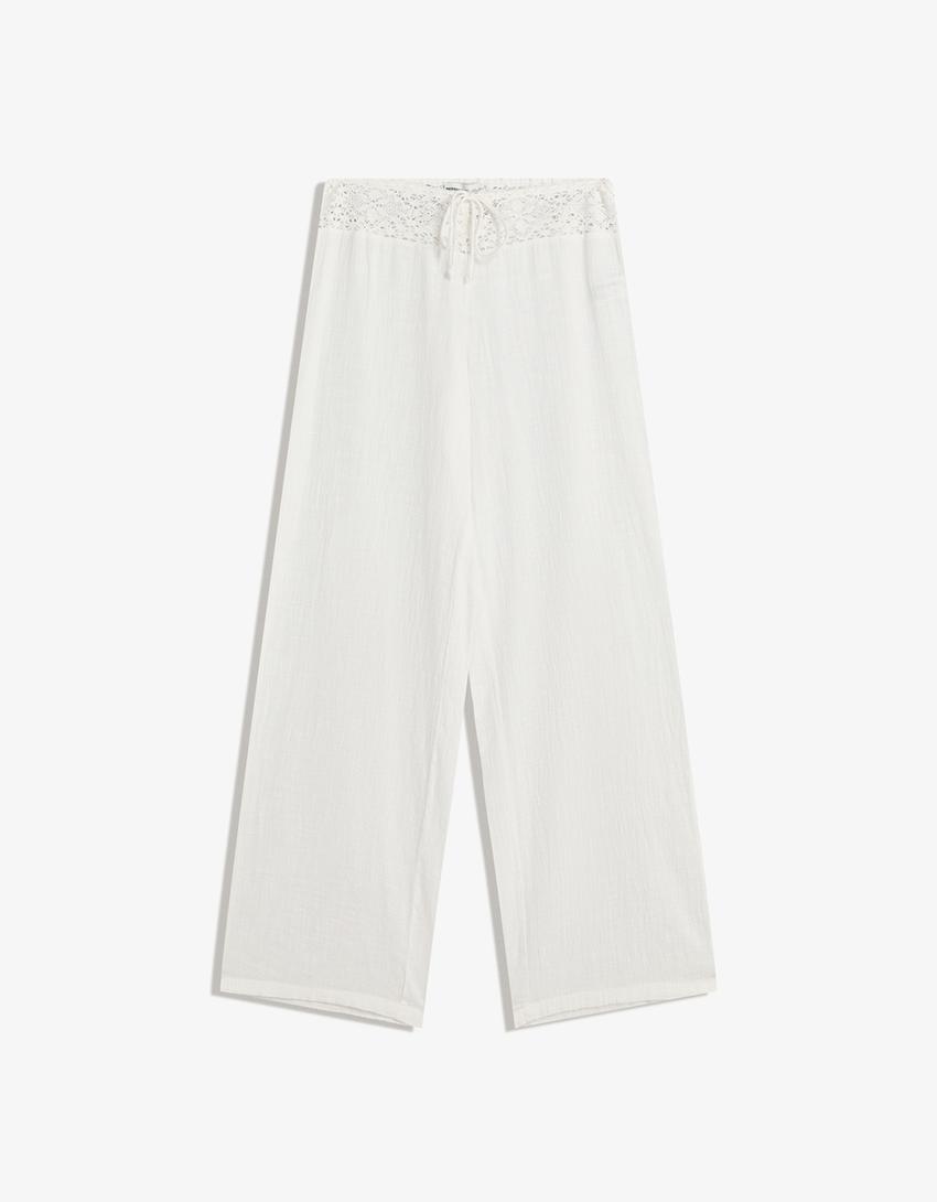 Crochet waist trousers-Cream-4