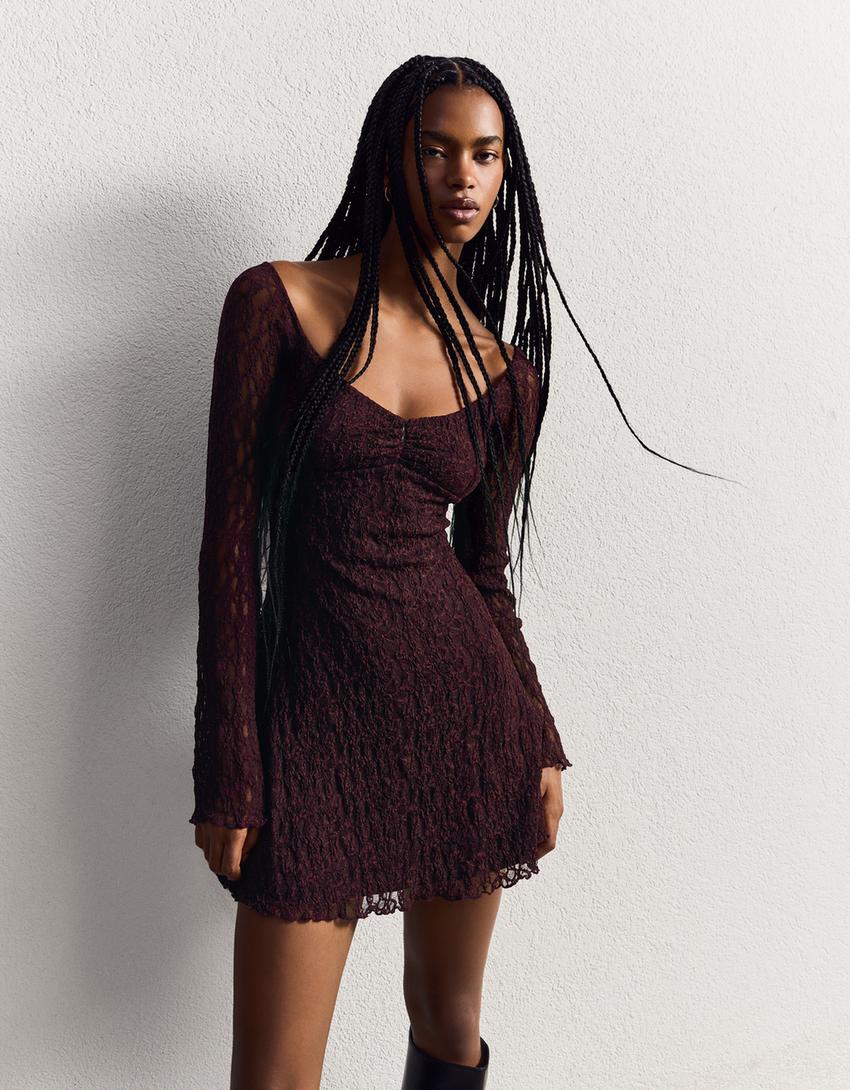 Robe mini col Bardot en dentelle-Violet