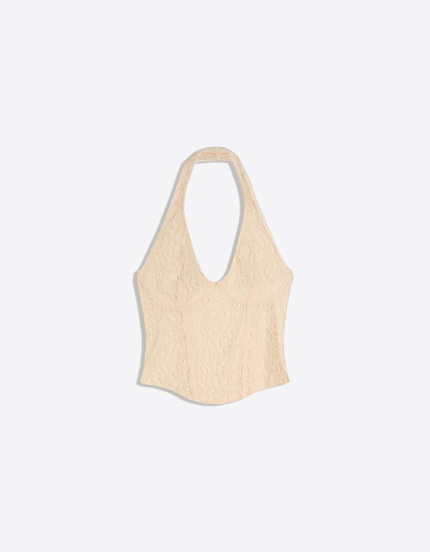 Dantelli korse halter top-Krem