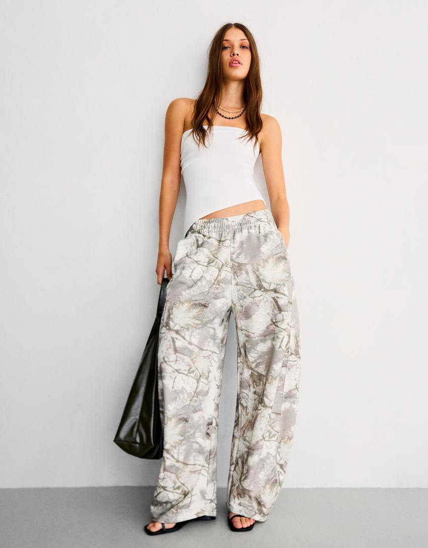 Pantalon barrel molleton imprimé-Sable-2