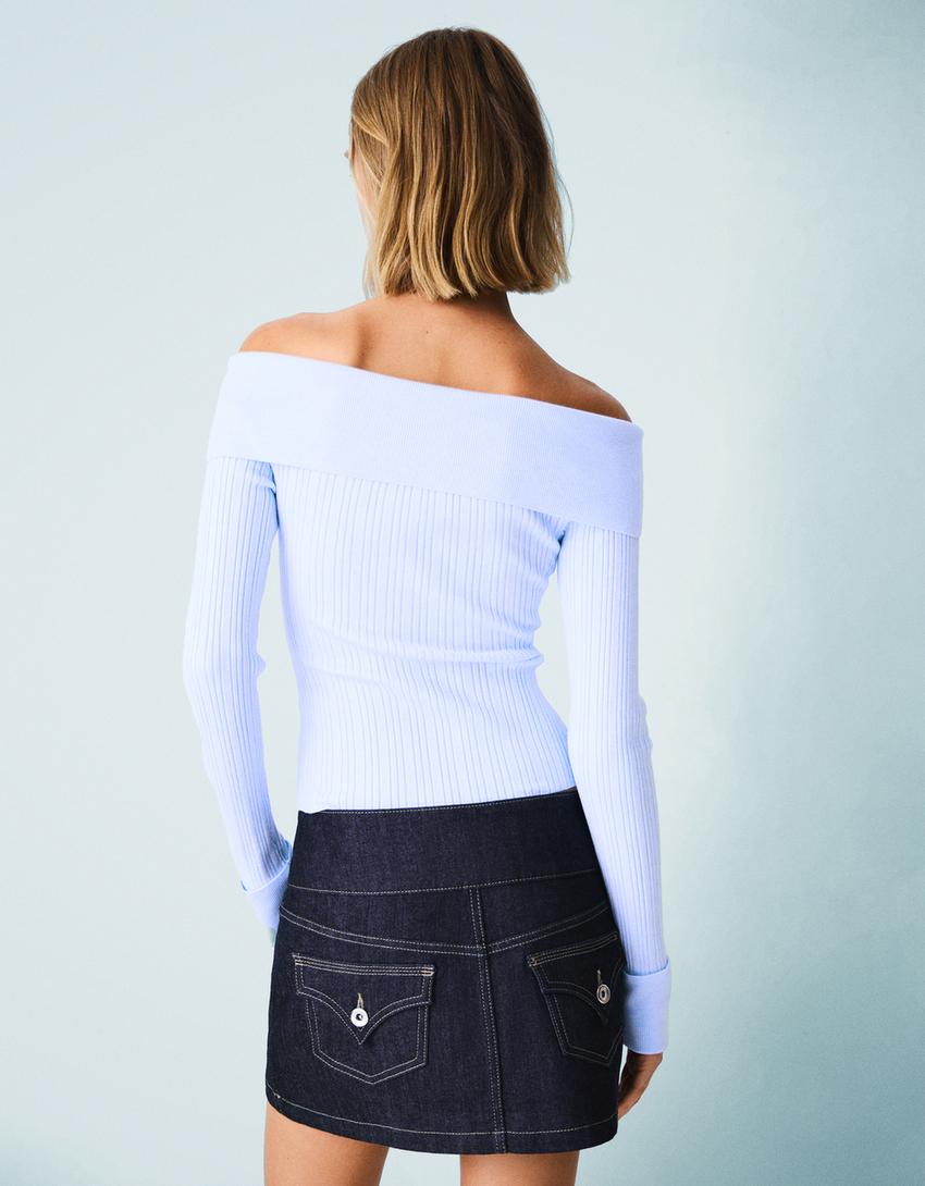 Jersei textura coll bardot-Blau cel-1