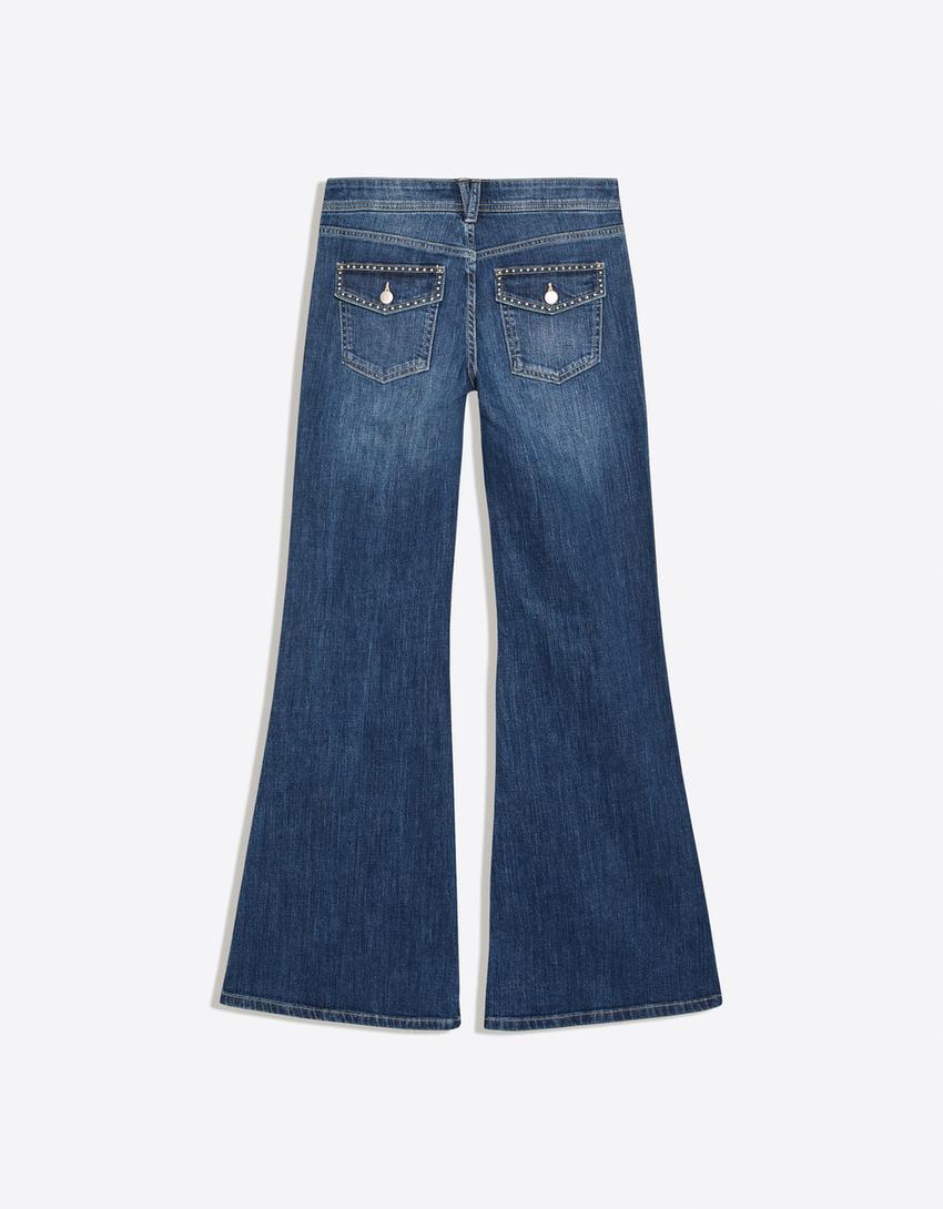 Jeans flare tiro bajo bordado-Azul