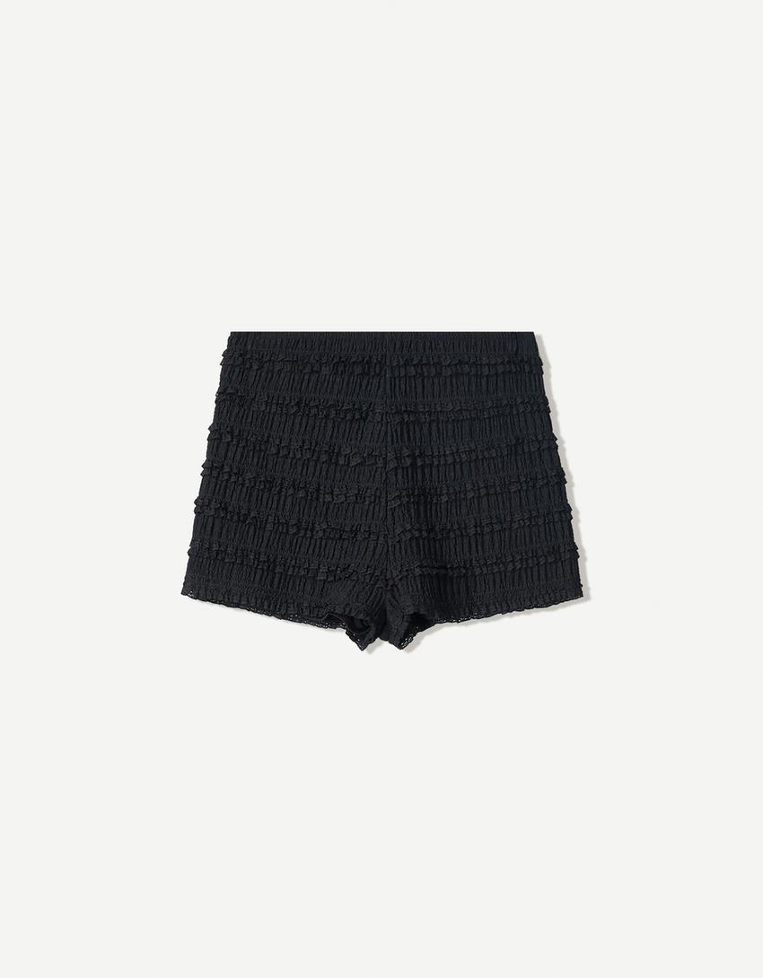 Calções efeito de waffle estrutura folhos-Preto-3