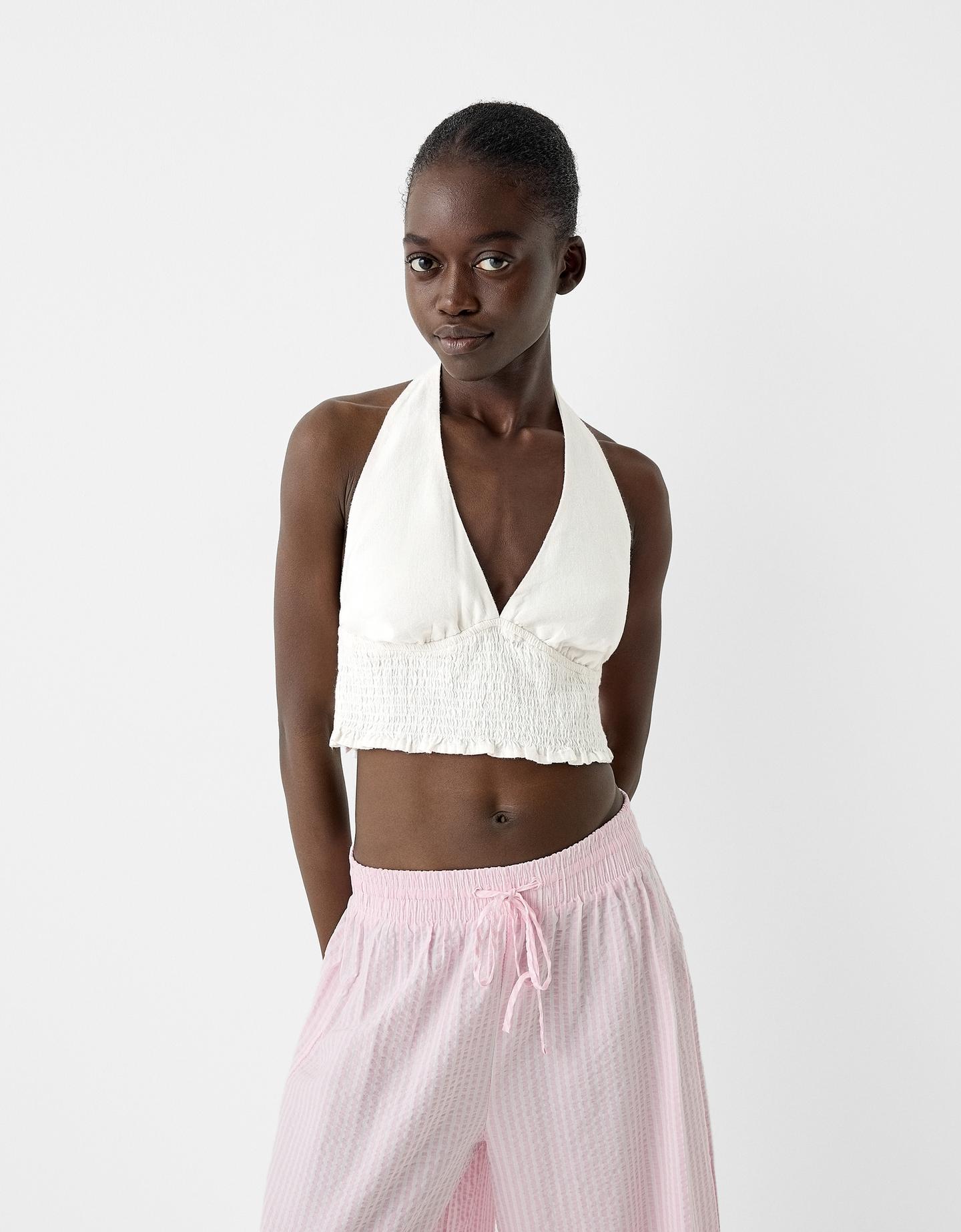 Bershka Crop Top Collo Halter Misto Lino Donna M Bianco Roto