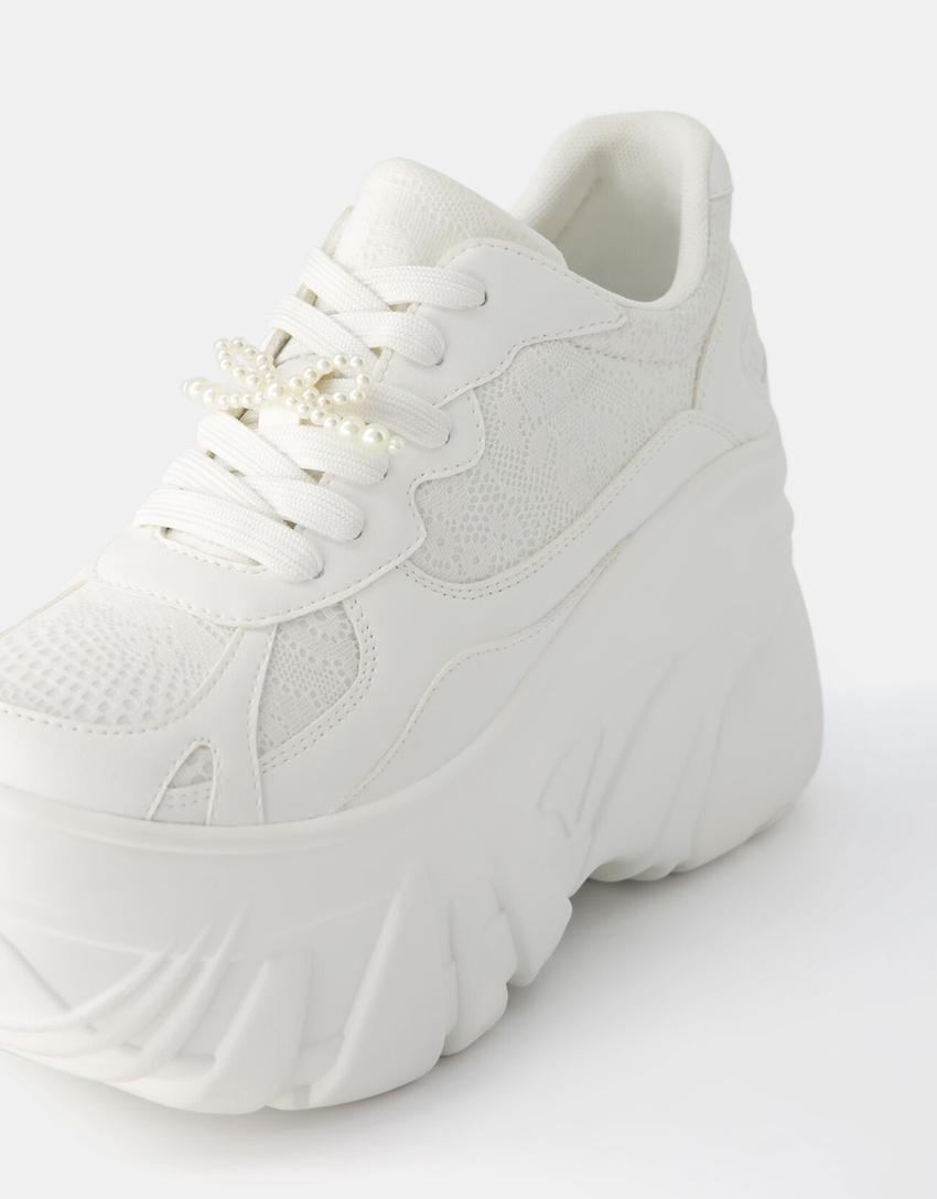 Sneakers plateforme XL détail dentelle et nœud de perles-Blanc-0